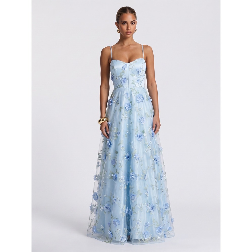 Macy's Blue 3D Floral Applique Corset 15/16 Regency Bridgerton Ball Gown Gala